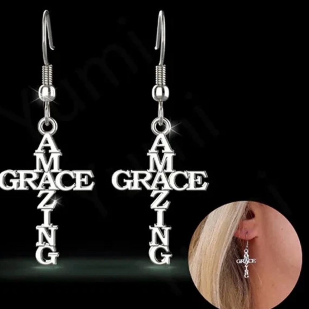 Silver Amazing Grace Cross Earrings, Stainless Steel - Picture 4 of 6